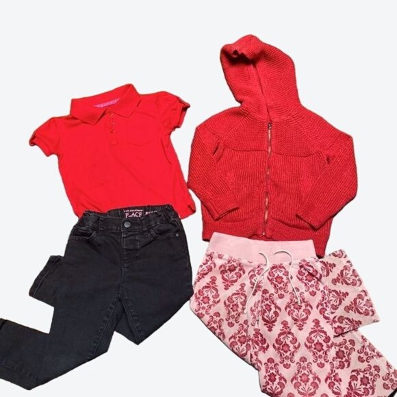 Girls 4T Bundle Black Denim Jeans, Pink Leggings, Sparkly Red Sweater Red Baby G - Picture 1 of 14